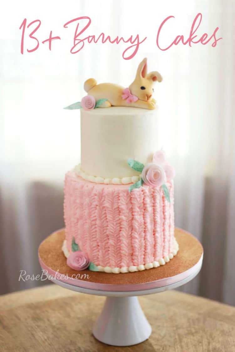 Easter Bunny Cake with Bunny Topper and Pink Textured Buttercream on Bottom Tier