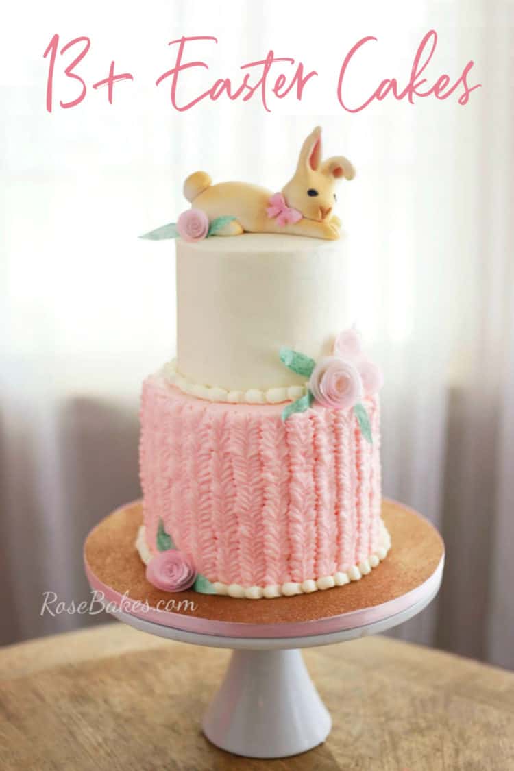 Easter Bunny Cake with Bunny Topper and Pink Textured Buttercream on Bottom Tier