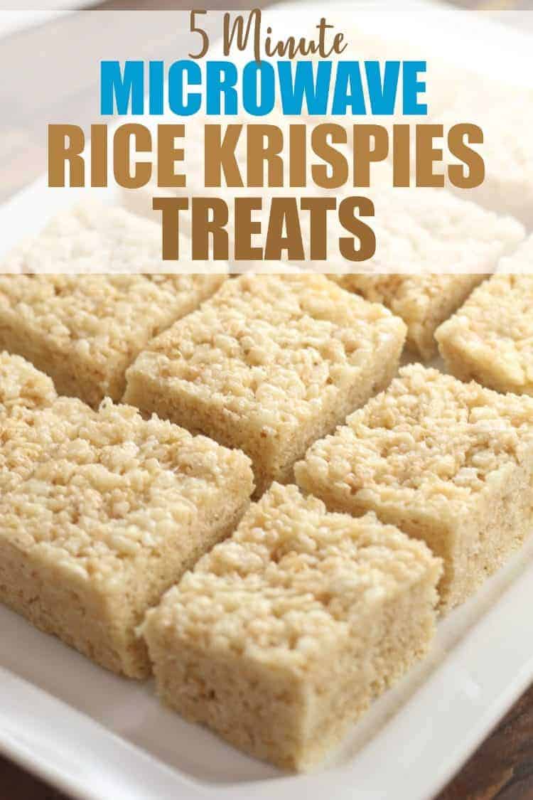 Microwave Rice Krispies Treats on white platter with text overlay