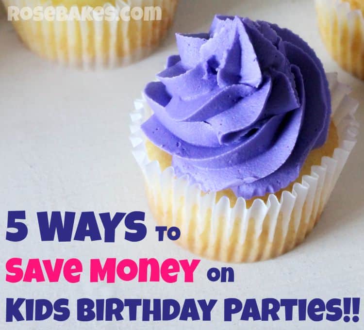 Picture of a cupcake with purple frosting and the words "5 Ways to Save Money on Kids Birthday Parties" under it