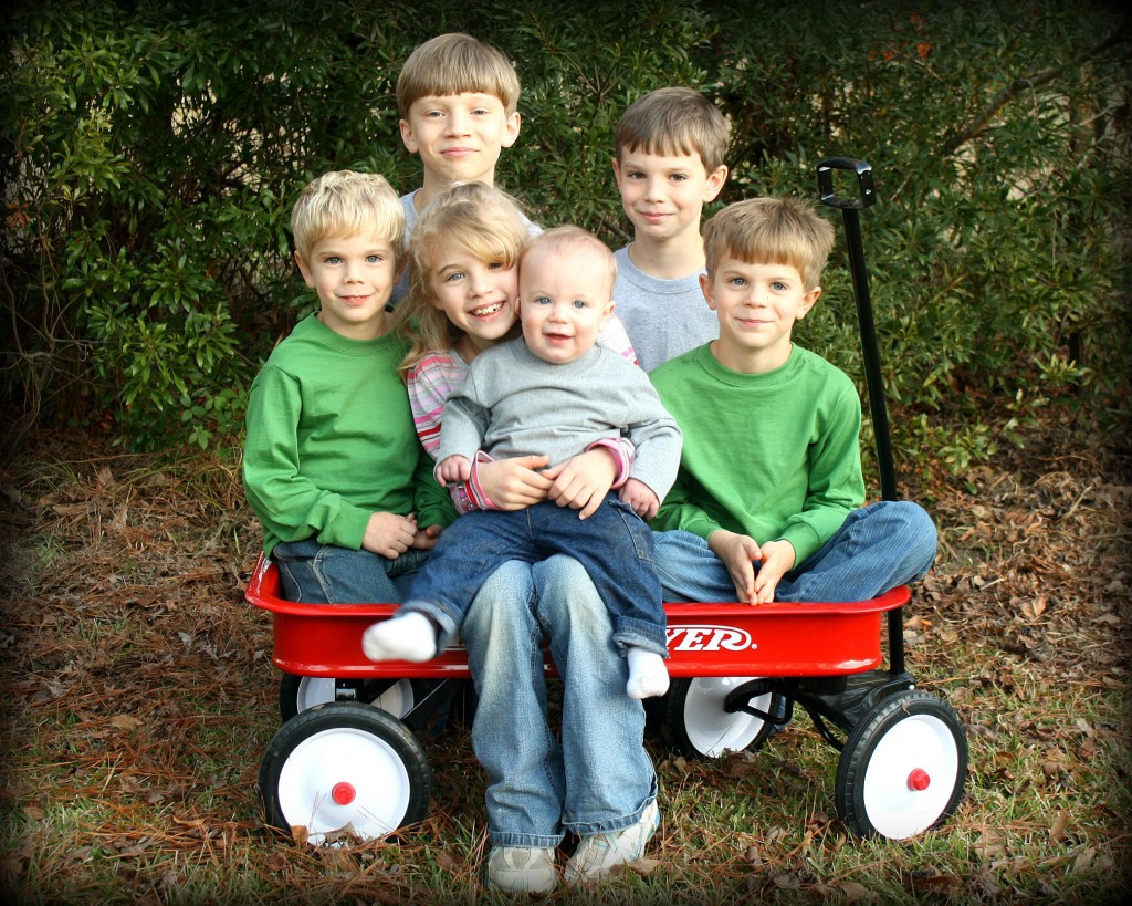 Picture of Rose Atwater's (owner of Rosebakes) 6 kids sitting in a red wagon 