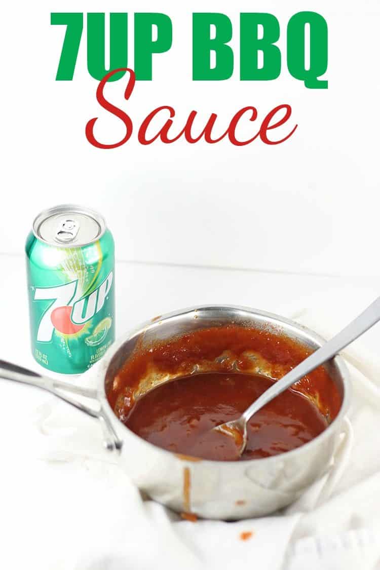 homemade 7UP BBQ sauce in pot with can of 7UP