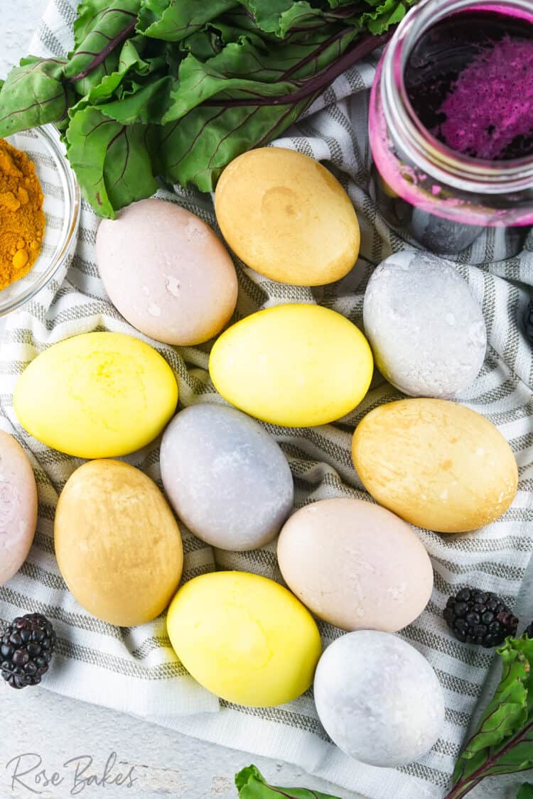 Easter Eggs Dyed with All-Natural Dyes on display cloth 