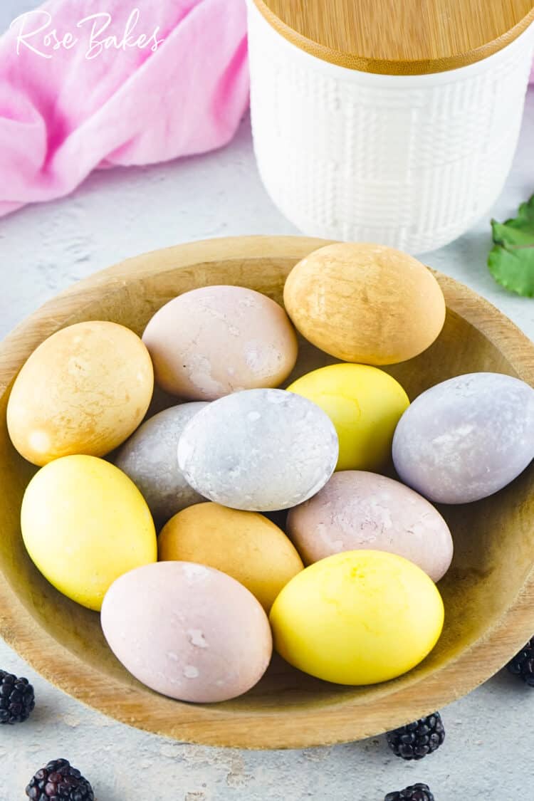 Easter Eggs Dyed with All-Natural Dyes in wooden bowl 