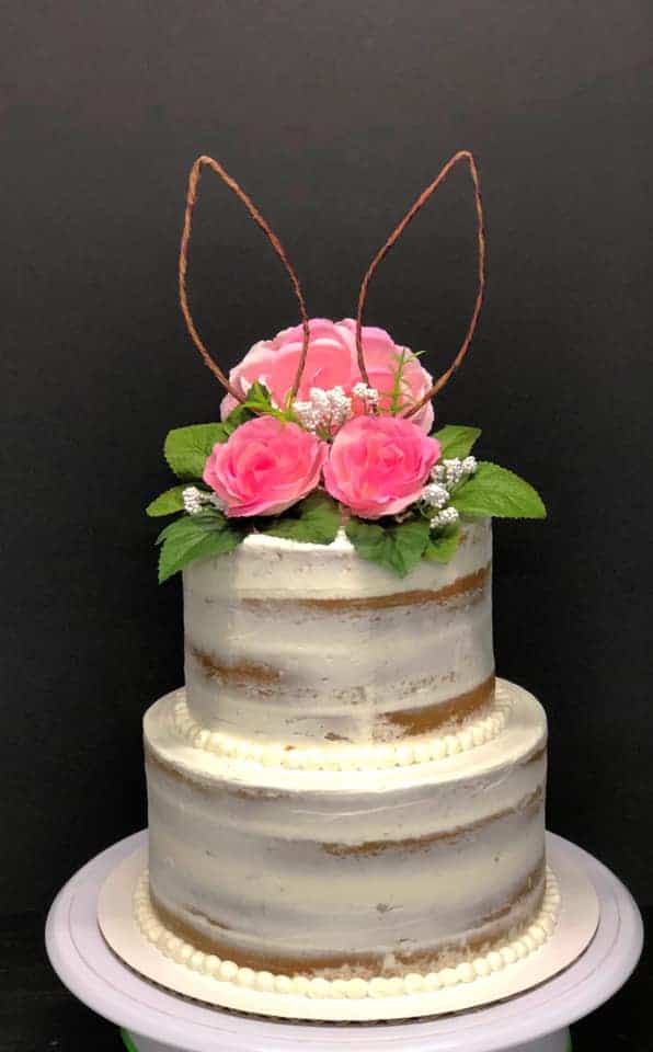 Semi Naked Cake with wired Bunny ears Cake Topper and Flowers