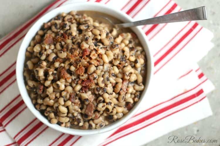 Instant Pot Black-Eyed Peas in white bowl on red striped cloth