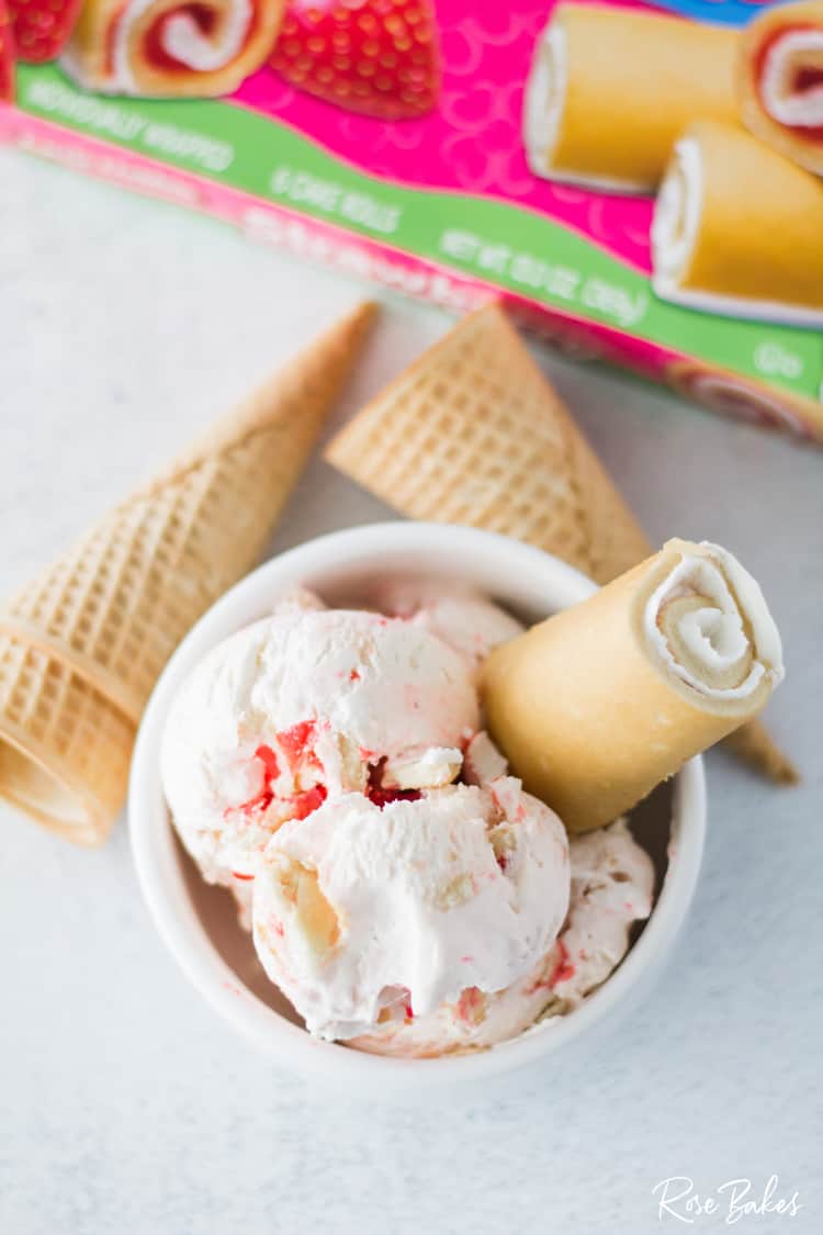 Little Debbie Strawberry Shortcake Roll in the bowl of ice cream