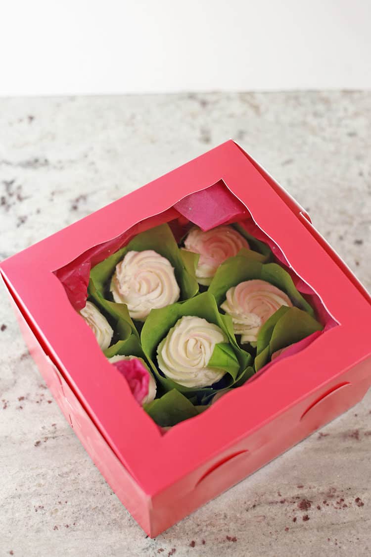 Cupcake bouquet in pink box for how to make easy cupcake bouquets tutorial
