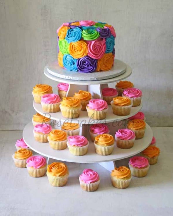 Bright Roses Cake and Cupcake Tower