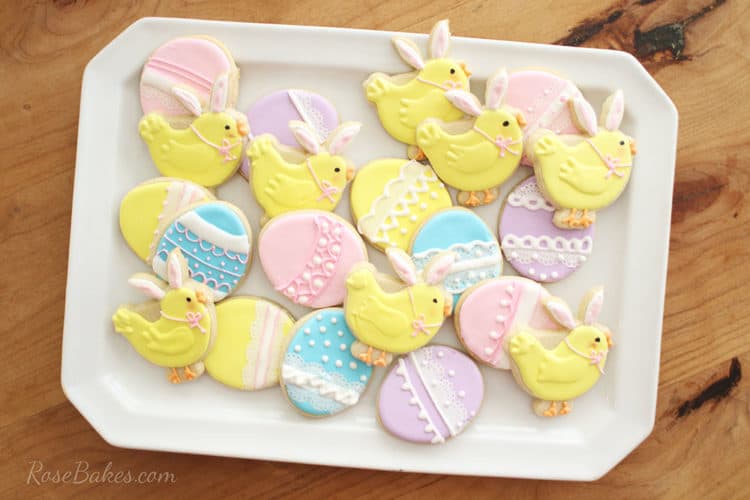 Yellow Easter Bunny Chick Cookies and Pastel pink, blue, purple, and yellow Easter Egg Cookies