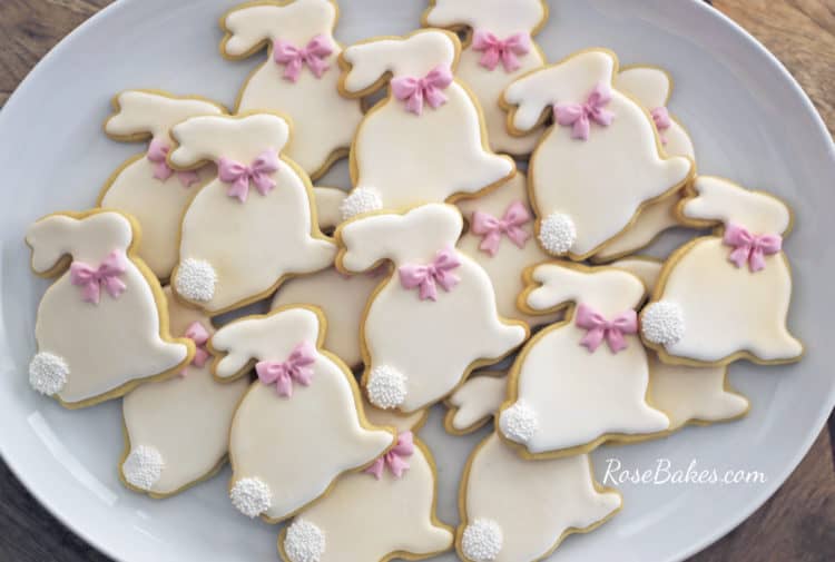 Decorated Easter Bunny Cookies on a white platter