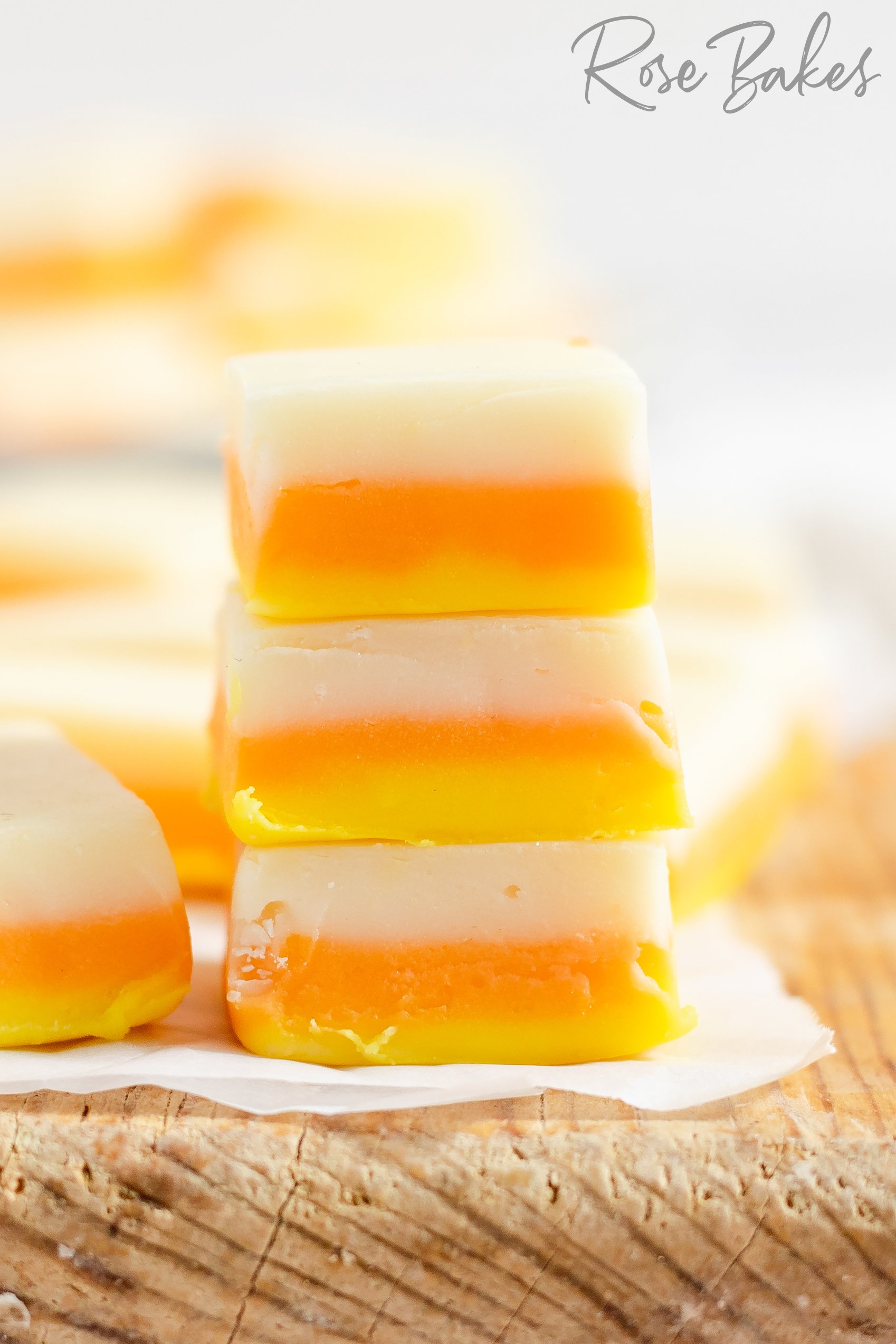 Stack of 3 pieces of Easy Candy Corn Fudge