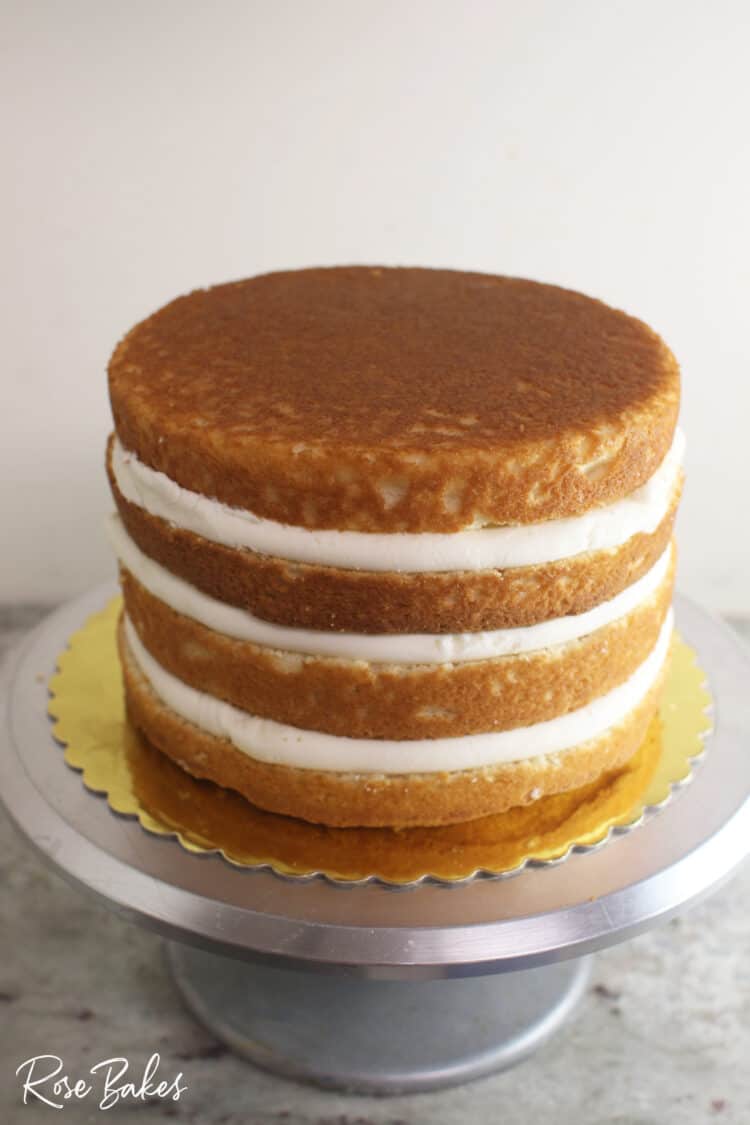 Cake with 3 layers of filling ready to be frosted