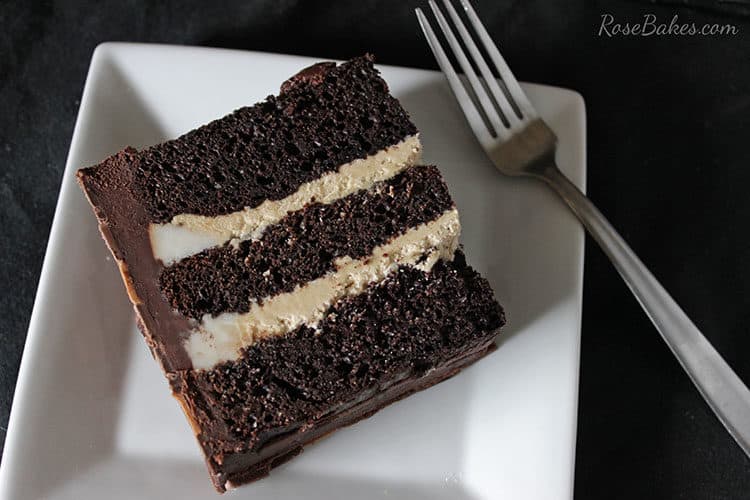 Slice of Chocolate Cake with Creamy Peanut Butter Frosting as a filling.