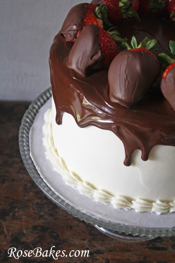 Chocolate Cake with Vanilla Filling and Frosting, Ganache Topping and Chocolate Dipped Strawberries