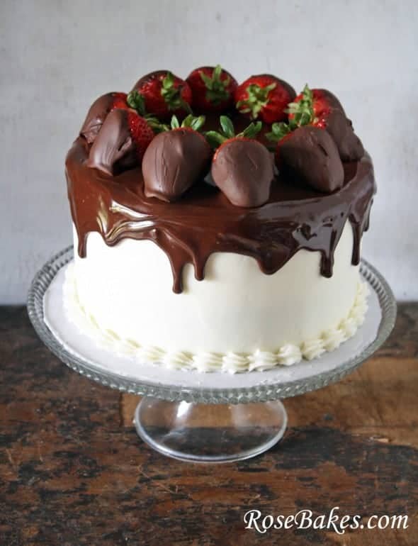 Chocolate Cake with Vanilla Filling and Frosting, Ganache Topping and Chocolate Dipped Strawberries Whole