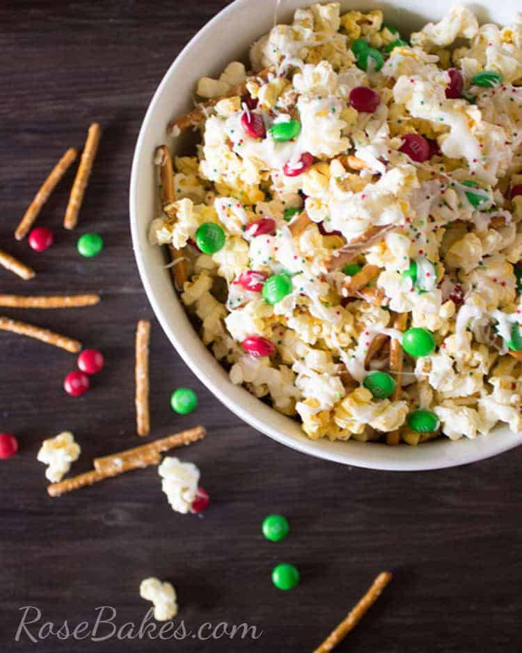 Christmas Crunch Popcorn Snack Mix in a bowl