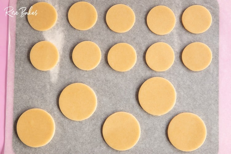 Cut out round cookie dough on a cookie sheet