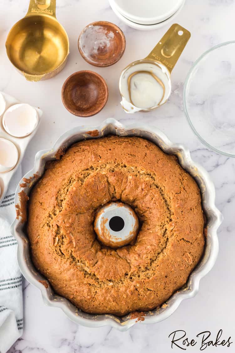 The baked cake in the bundt pan