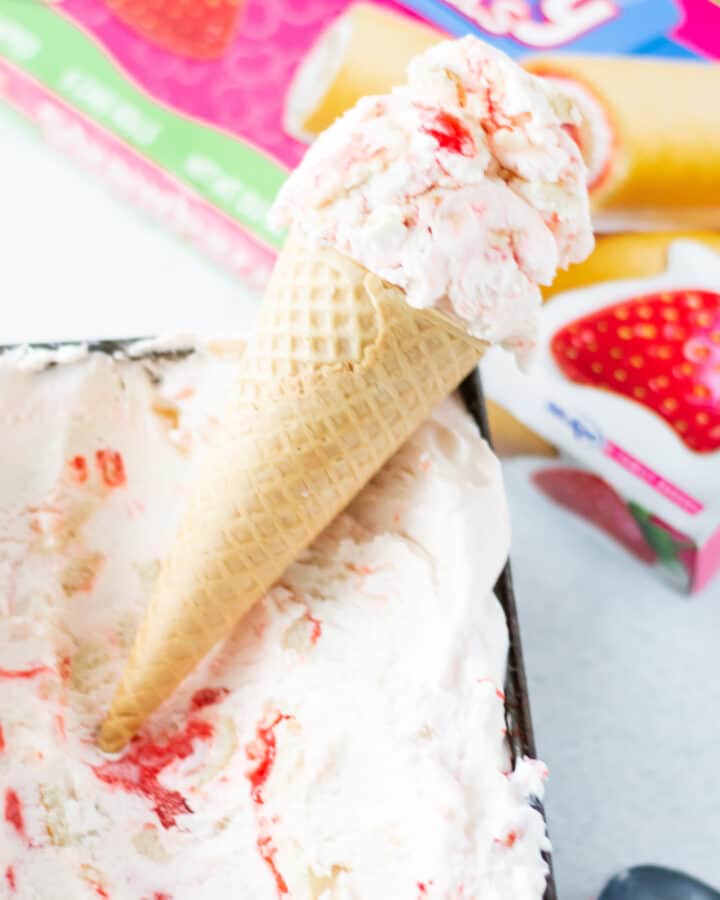 Cone of Strawberry Shortcake Ice Cream in Pan