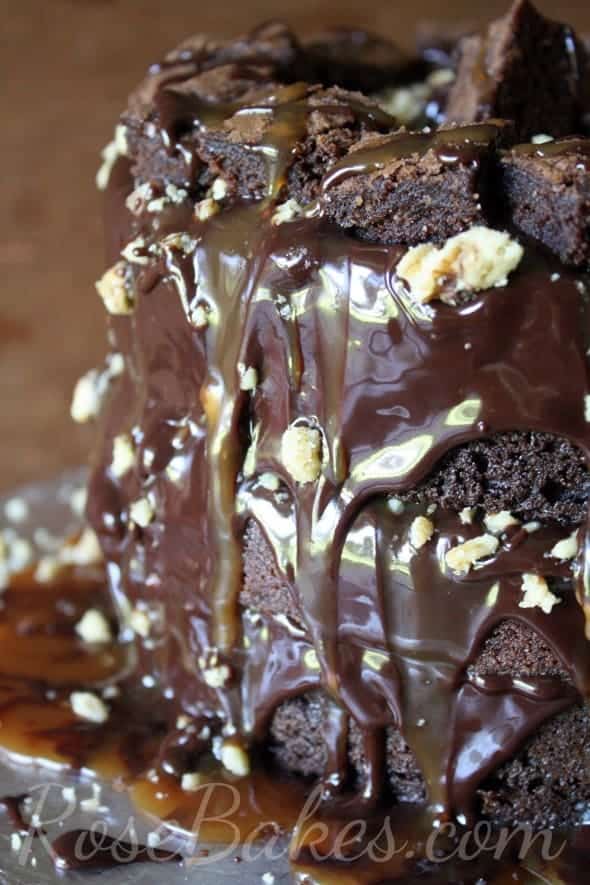 Dark Chocolate Fudge Turtle Brownie Cake with Walnuts & Caramel