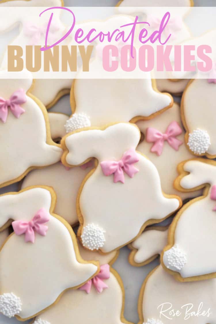 How to Make Decorated Easter Bunny Cookies with pink bows and white poofy tails made from nonpariels.