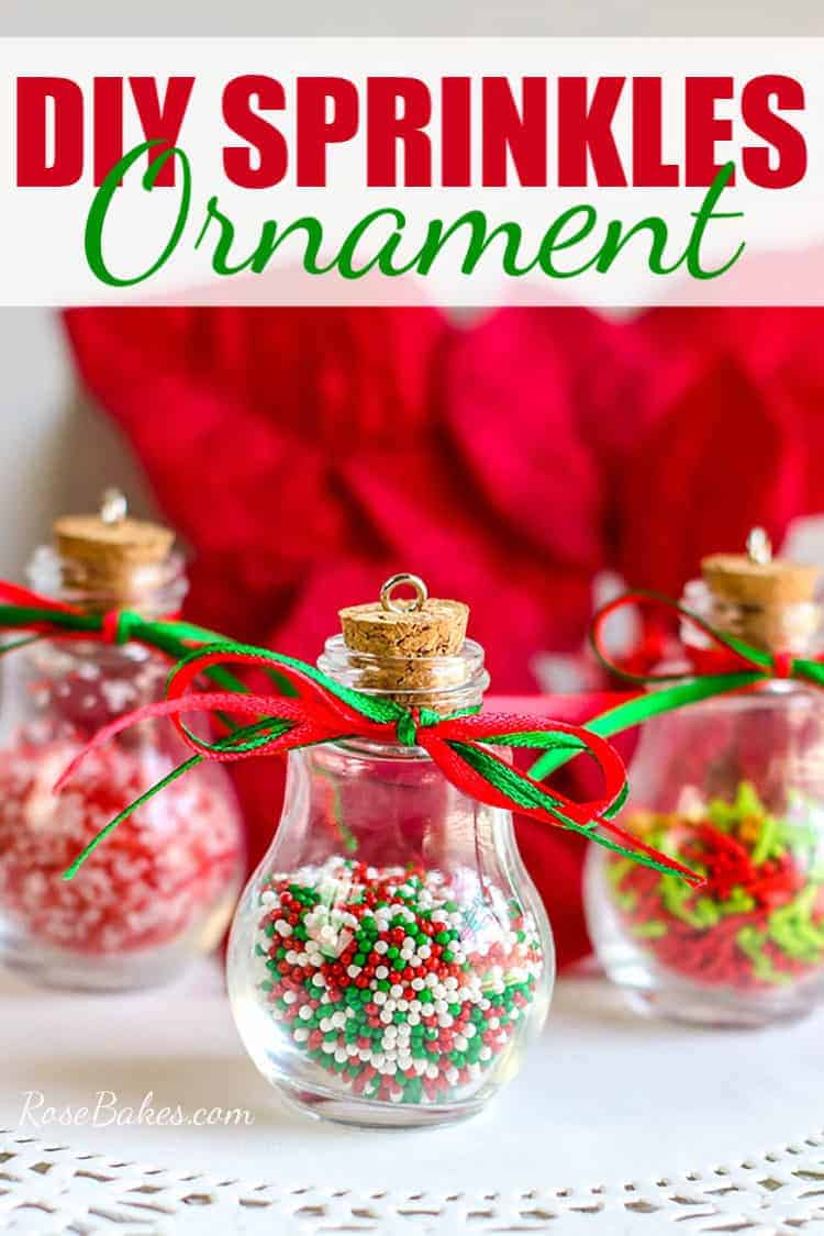 DIY Sprinkles Ornaments on a white doily with red background and text overlay