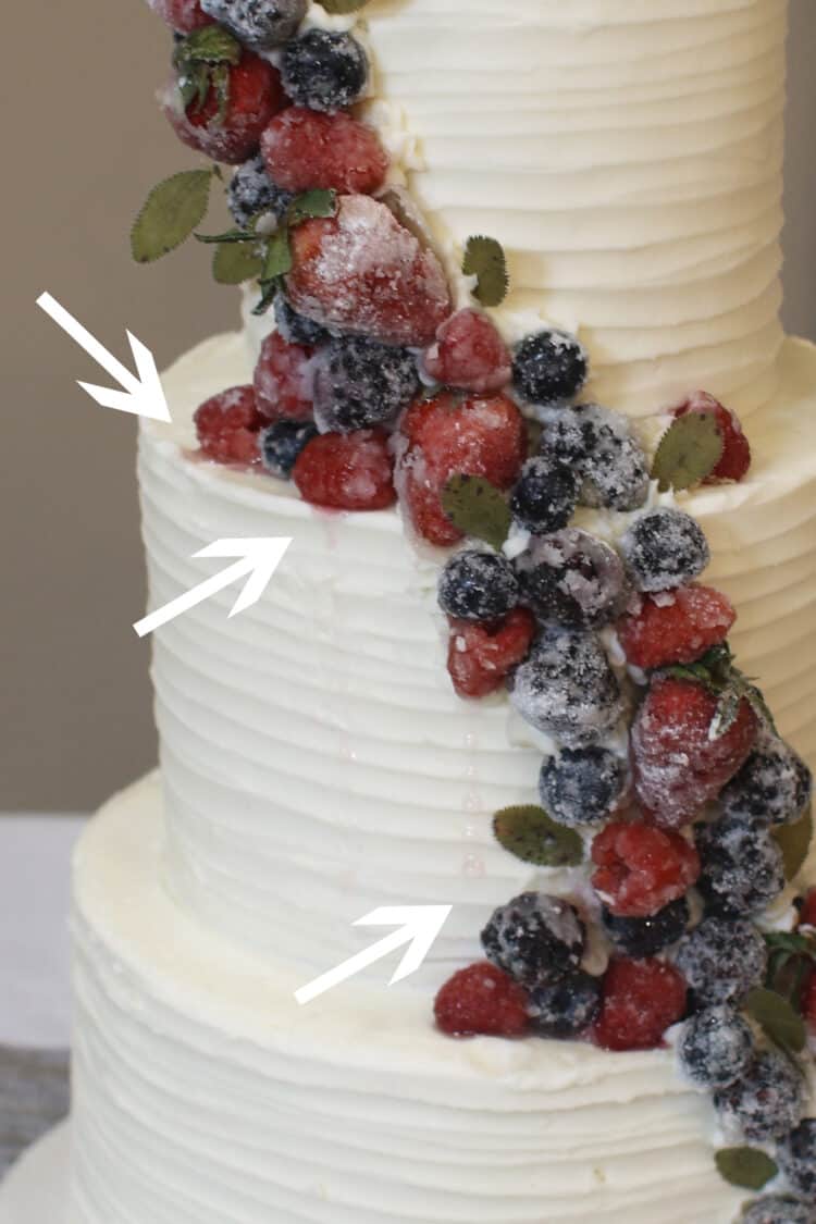 Sugared berries on a buttercream cake with arrows pointing out where the raspberries seeped juices onto the cake.