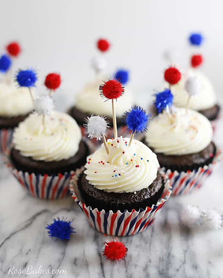 Easy 4th of July Cupcakes with firecracker cupcake toppers on toothpicks