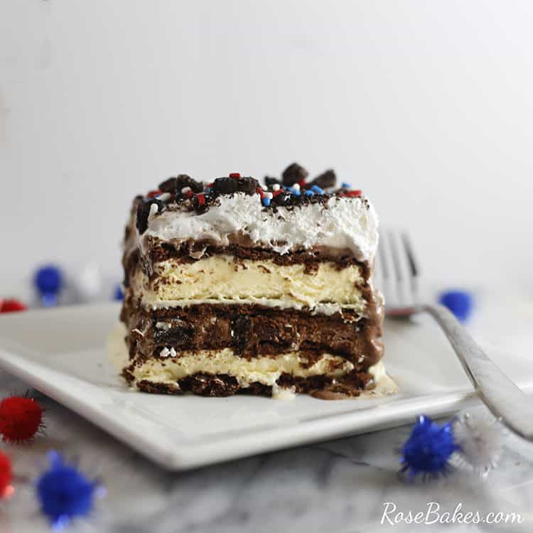 Slice of ice cream sandwich cake showing the layers.  