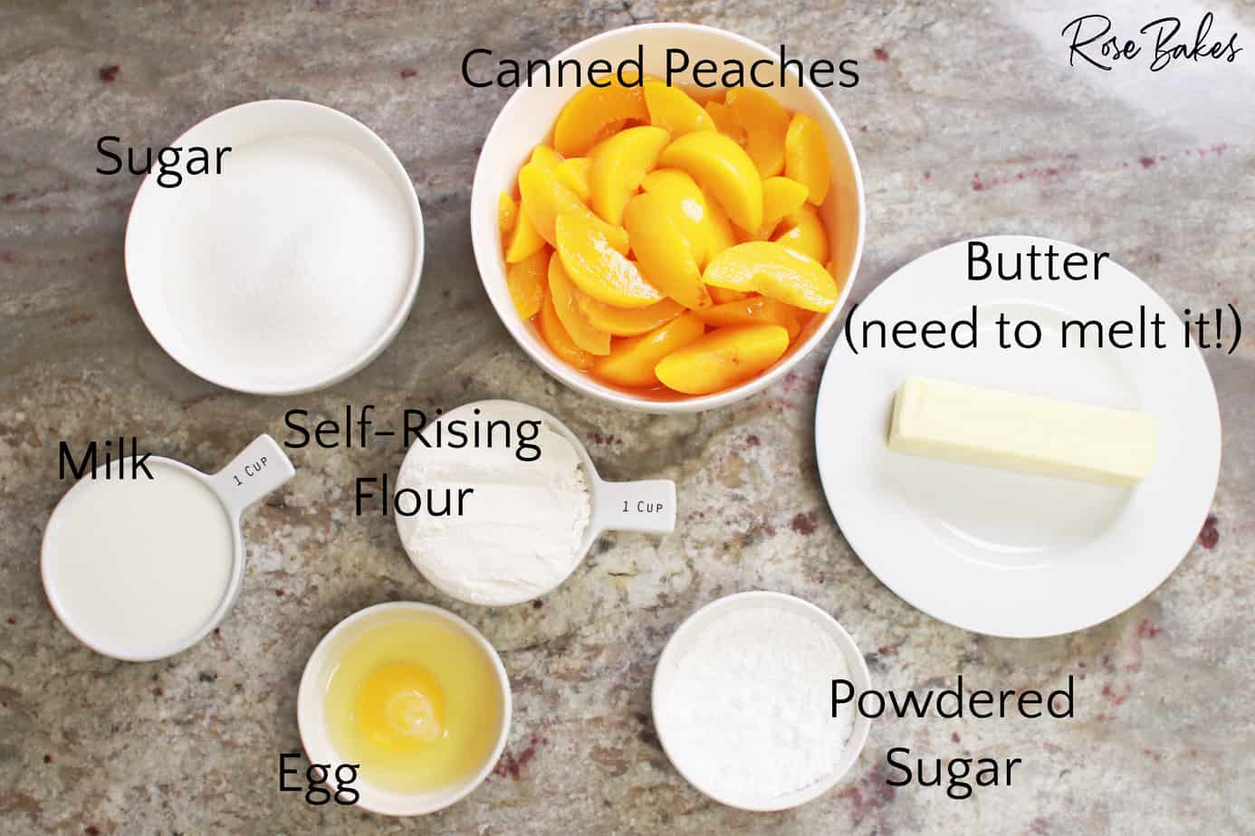 Easy Peach Cobbler ingredients in individual white dishes on a countertop with texst overlay on the photo