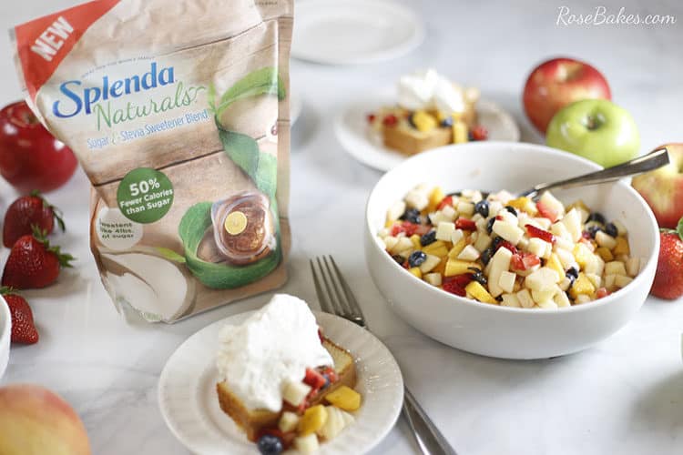 Left of the photo is a bag of Splenda Naturals. Front of the photo is a plate of pound cake topped with fruit salsa and whipped cream. Right of the photo is a large white bowl filled with colorful fruit salsa.