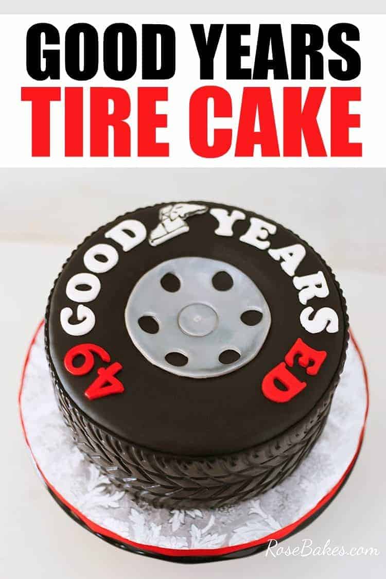 Tire Cake on silver board with text on image