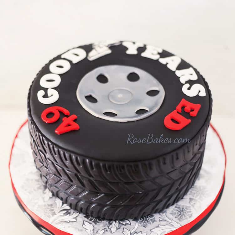Tire Cake showing fondant tire tread on the side