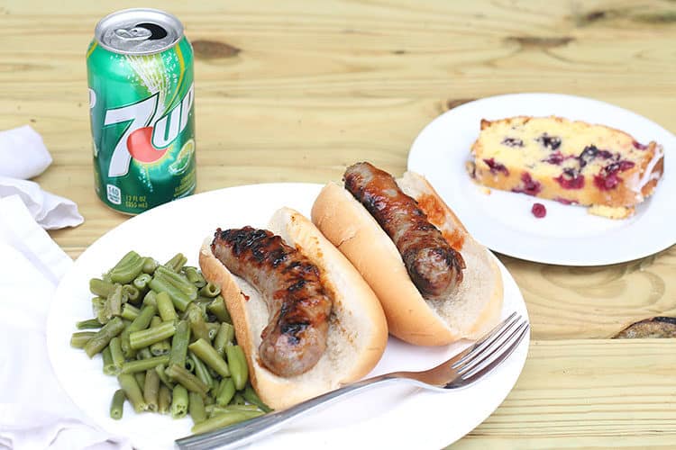 Grilled Brats on Buns with Green Beans, can of 7UP and lemon blueberry cake