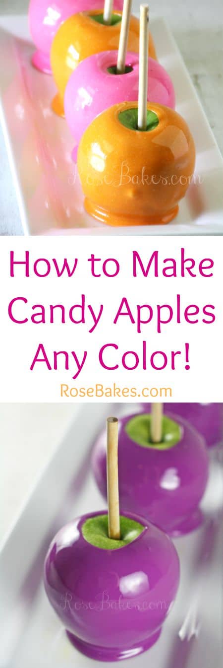 Orange and pink candy apples on a white platter, text block, "how to make candy apples any color! RoseBakes.com" purple candy apples