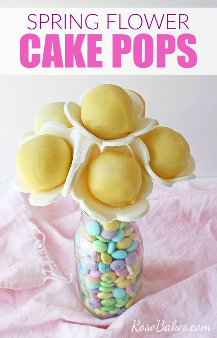Spring Flower Cake Pops in a clear jar with M&Ms