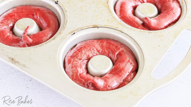red batter in donut pan