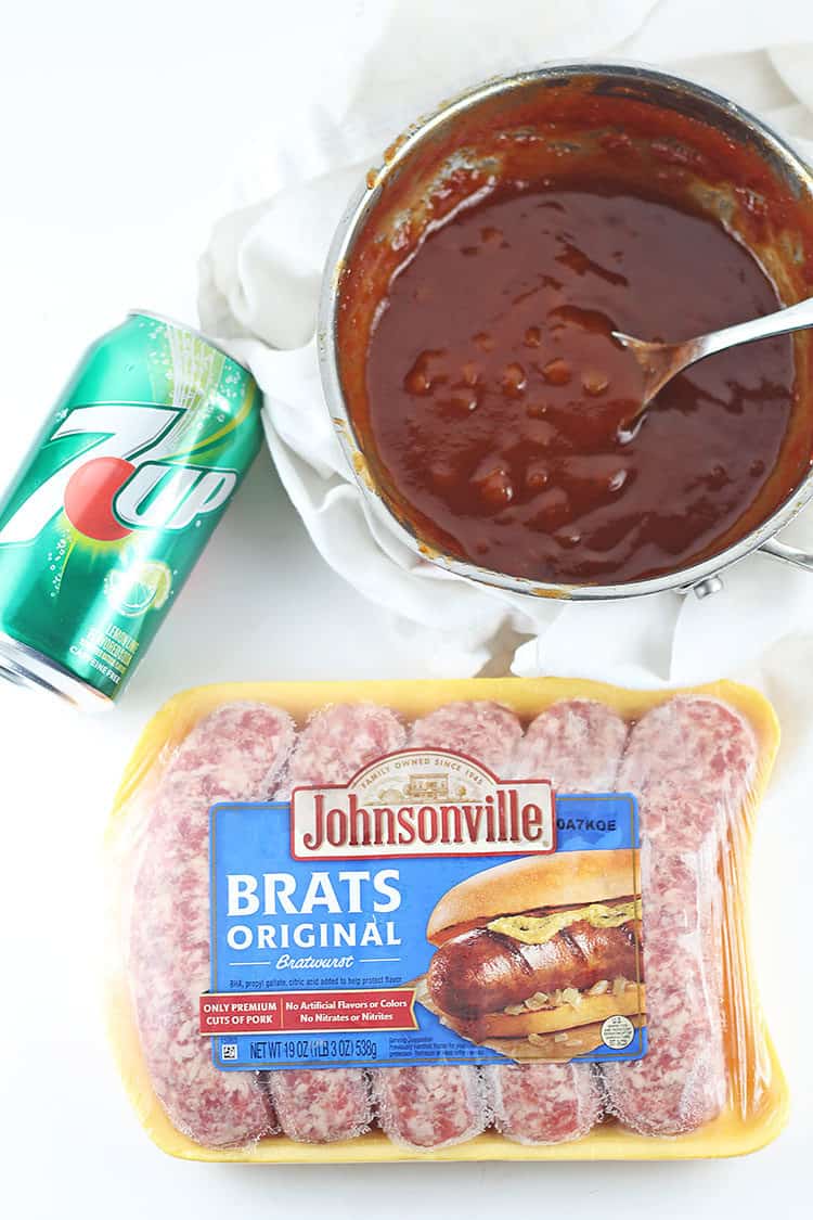 Johnsonville Brats Original with 7UP and homemade 7UP BBQ Sauce in pot