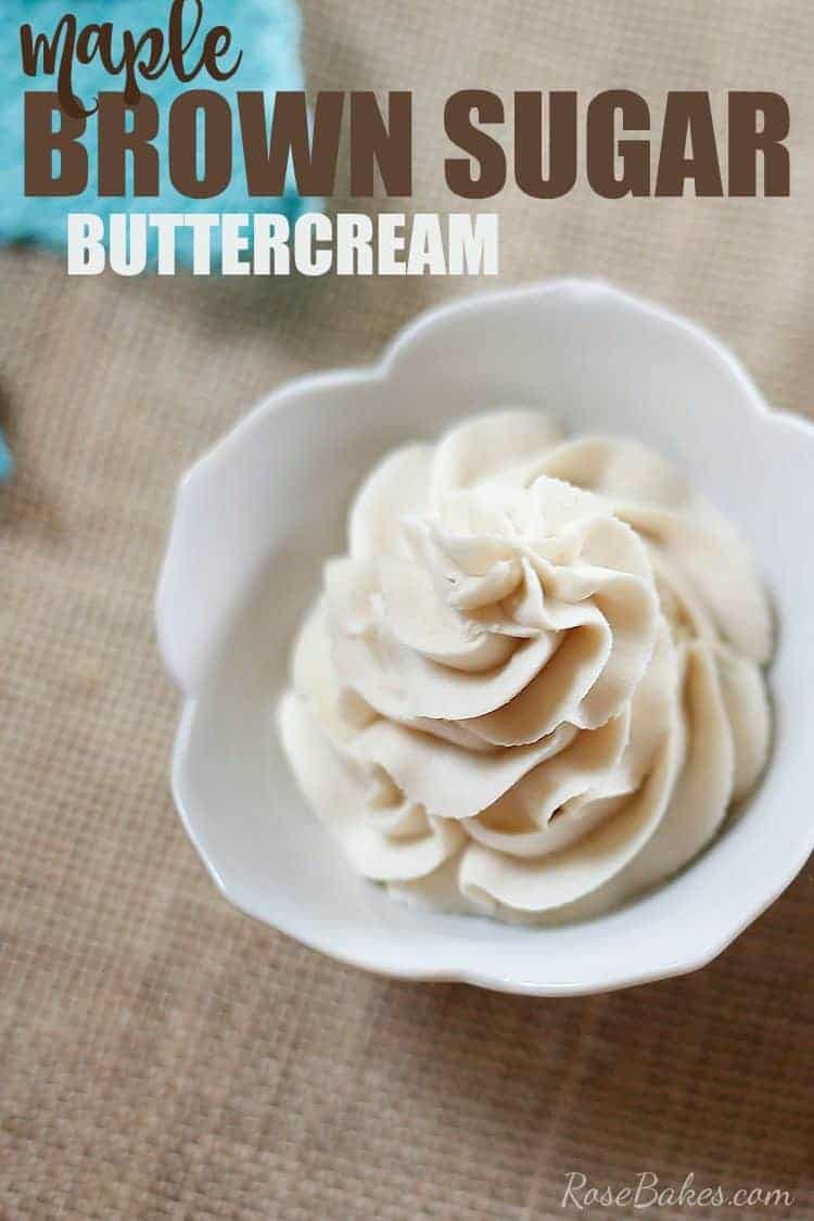 White bowl with a piped swirl of maple brown sugar buttercream