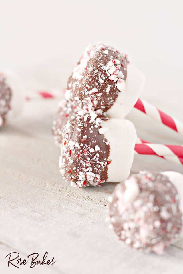 Peppermint Dipped Marshmallows for Hot Cocoa laying on table