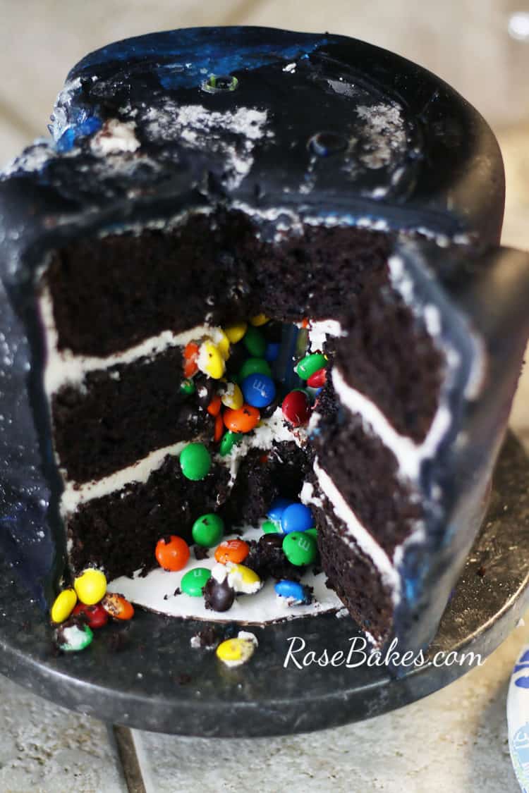 M&M's falling out of a Galaxy Geode Cake