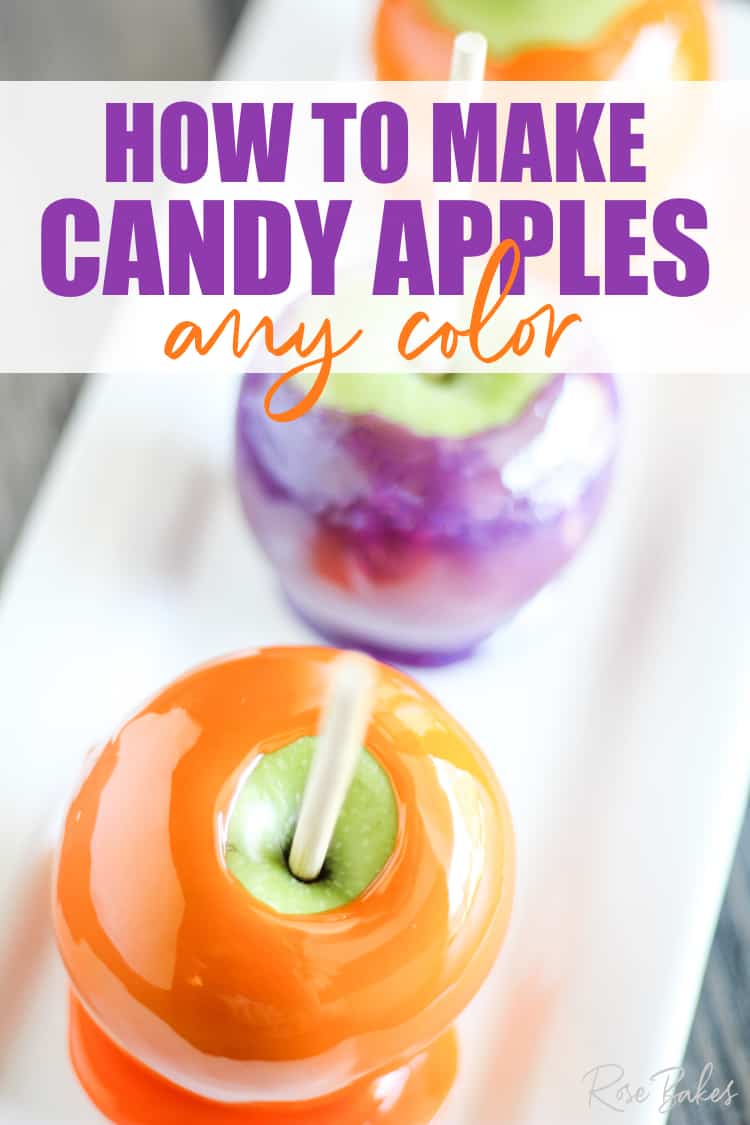 Orange and purple candy apples on a white platter with text, How to Make Candy Apples Any Color