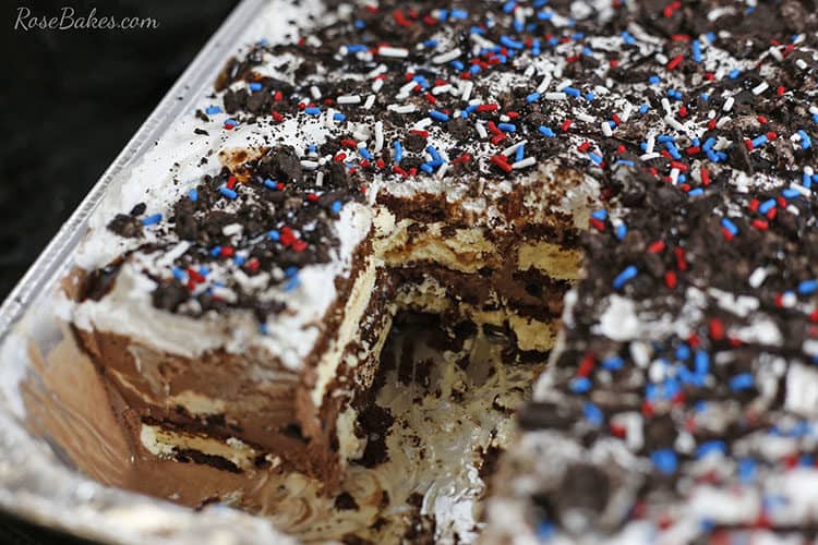 Pan of ice cream sandwich cake with slices taken out.