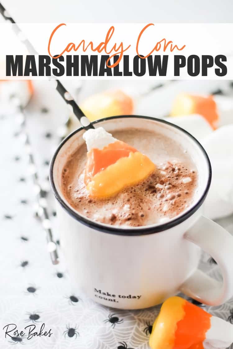 Candy Corn marshmallow pop in a white hot chocolate mug