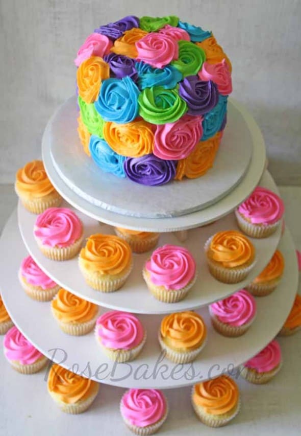 Pink and Orange Bright Roses Cake and Cupcake Tower