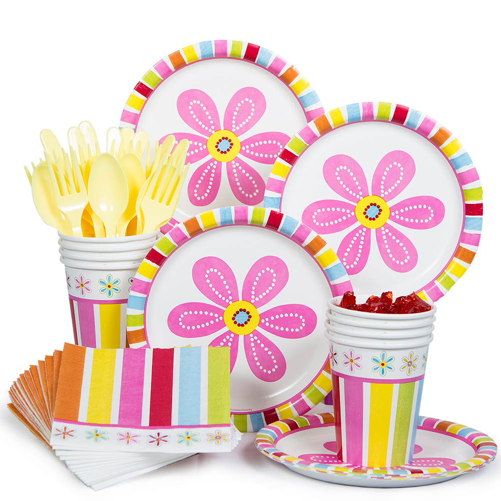  A picture of flower themed party cups, plates, cutlery, and napkins