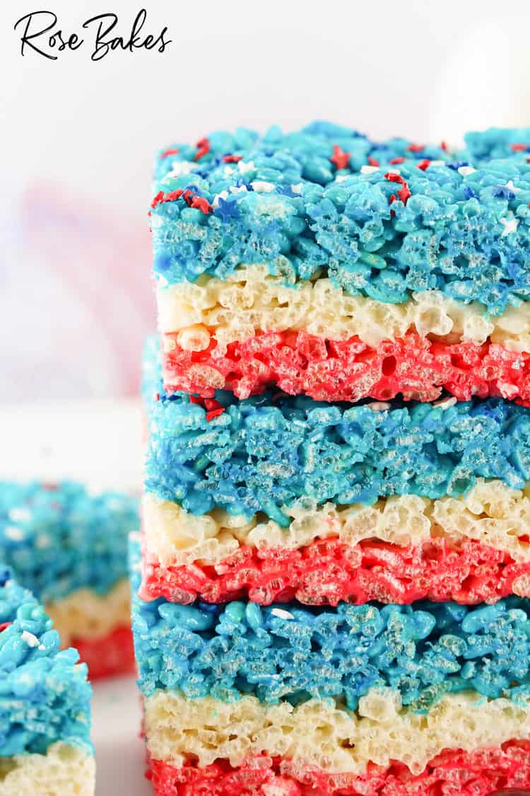 Red White and Blue Rice Krispie Treats squares stacked on top of each other