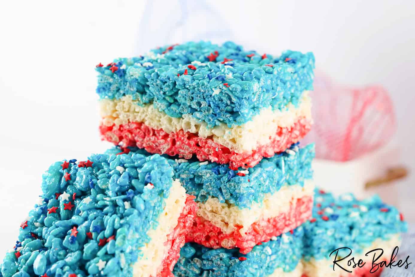 Red White and Blue Rice Krispie Treats squares stacked