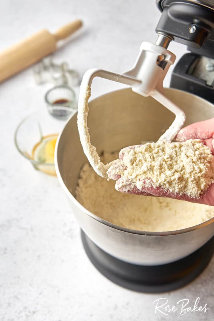 A stand mixer with a hand showing the sandy texture you're trying to achieve when mixed.